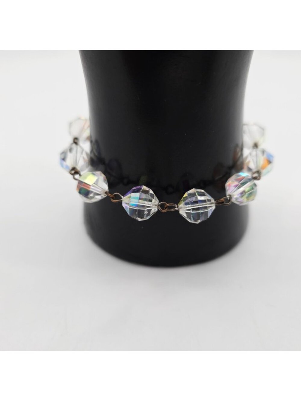 Crystal Iridescent Bead Bracelet & Clip-On Earrings Aurora Borealis MCM 1950s - Picture 8 of 9